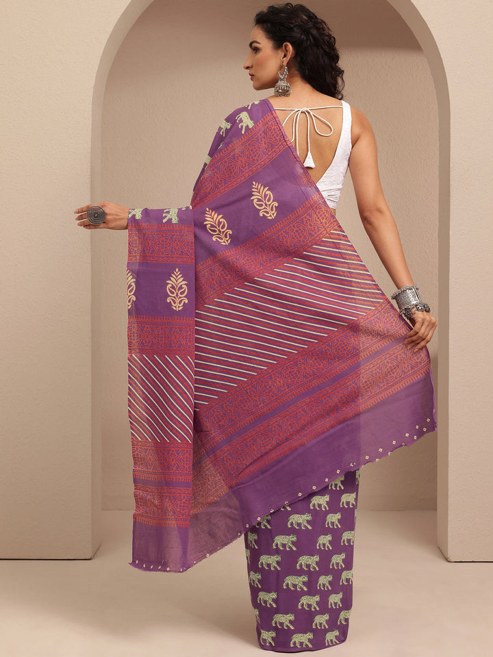 Purple Printed Cotton Saree With Unstitched Blouse Piece