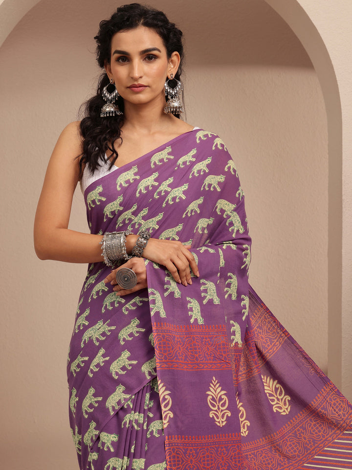 Purple Printed Cotton Saree With Unstitched Blouse Piece