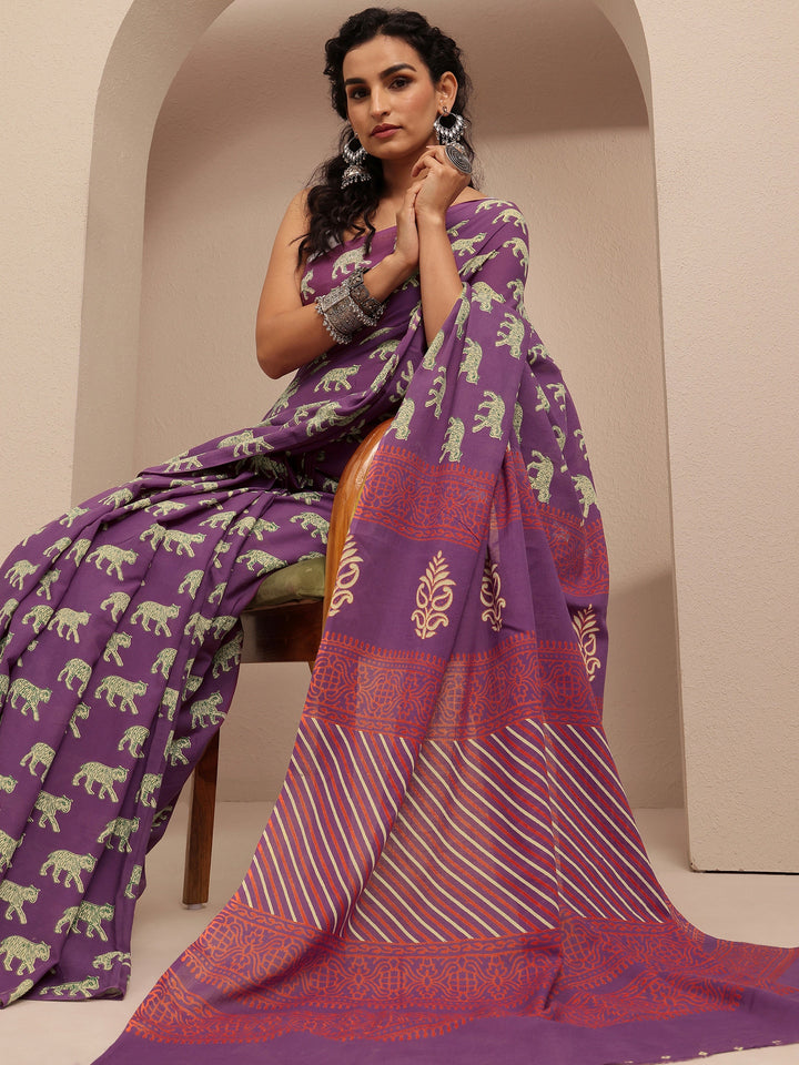 Purple Printed Cotton Saree With Unstitched Blouse Piece