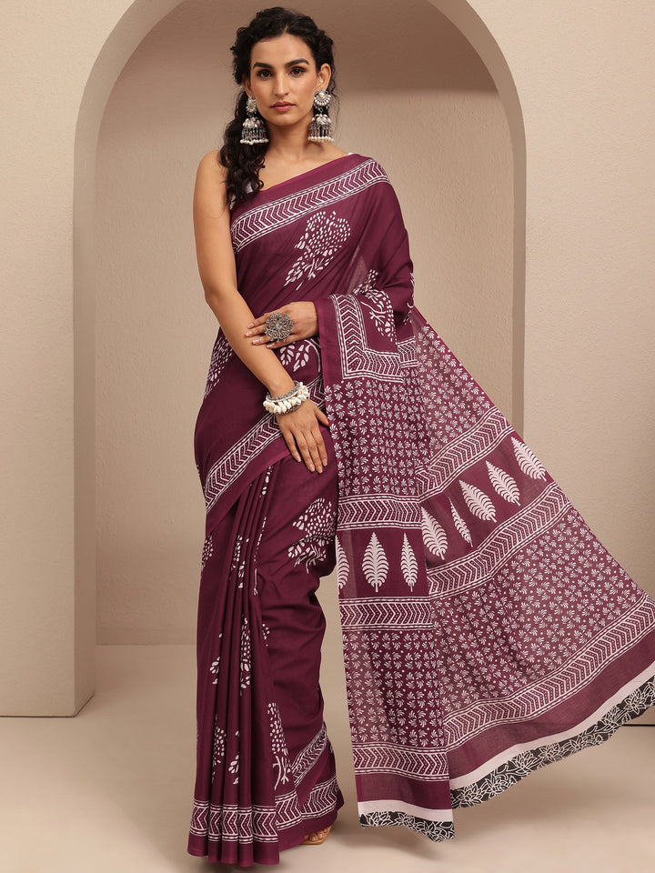 Burgundy Printed Cotton Saree With Unstitched Blouse Piece