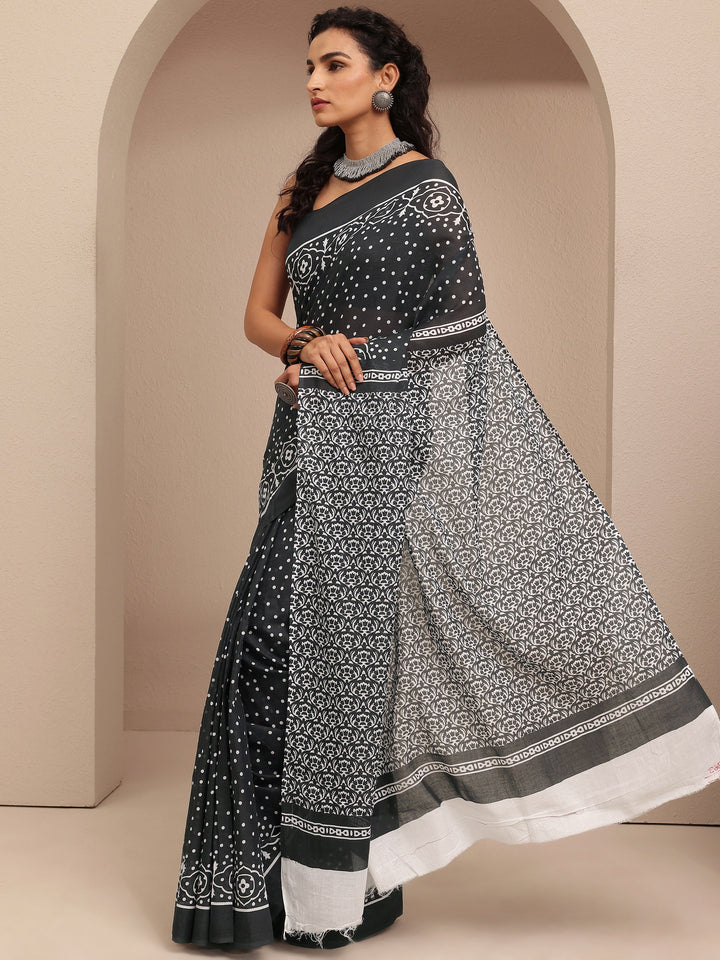 Black Polka Dots Printed Cotton Saree With Unstitched Blouse Piece