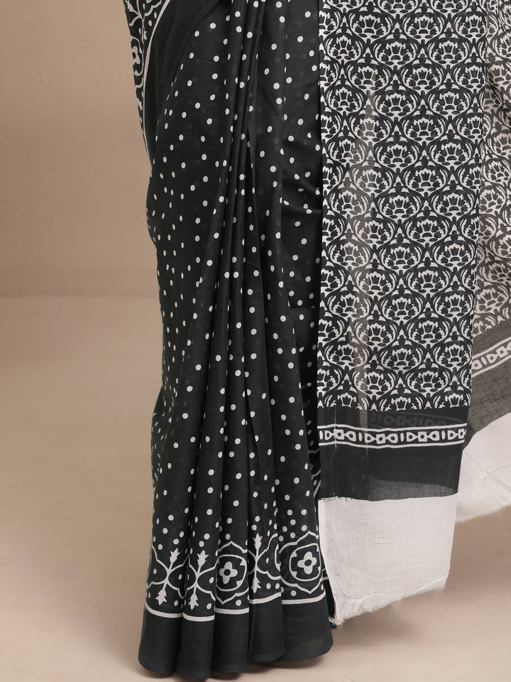 Black Polka Dots Printed Cotton Saree With Unstitched Blouse Piece
