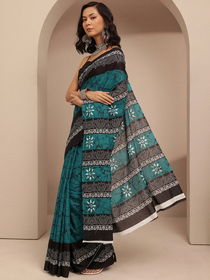 Teal Abstract Printed Cotton Saree With Unstitched Blouse Piece