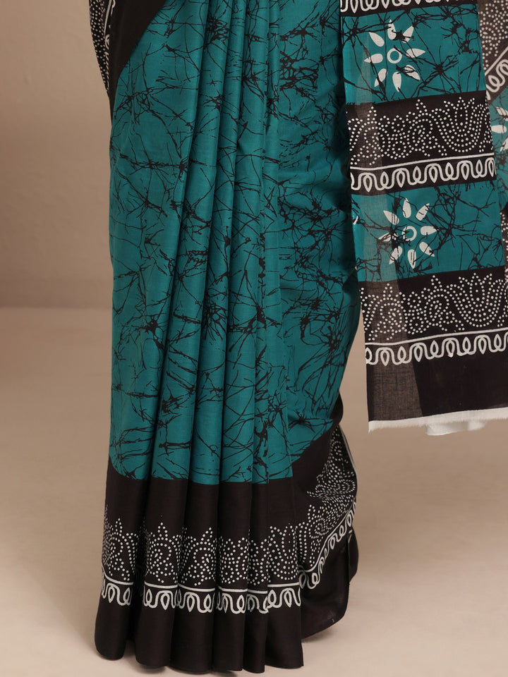 Teal Abstract Printed Cotton Saree With Unstitched Blouse Piece