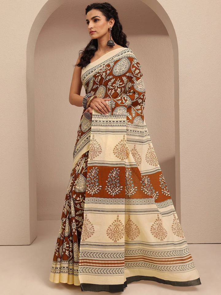 Brown Block Printed Cotton Saree With Unstitched Blouse Piece