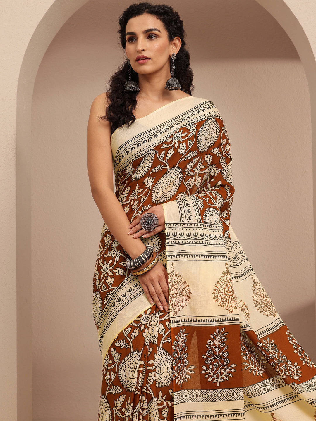 Brown Block Printed Cotton Saree With Unstitched Blouse Piece