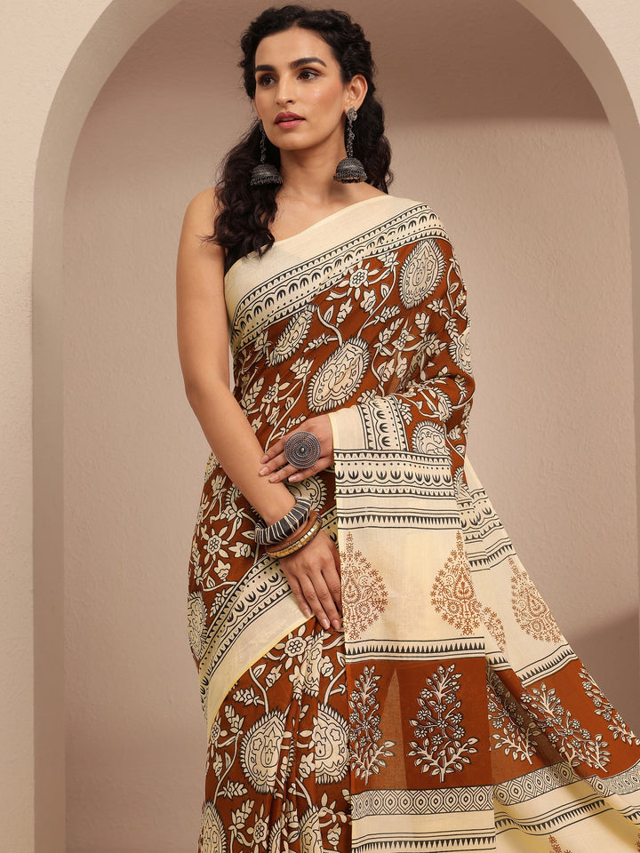 Brown Block Printed Cotton Saree With Unstitched Blouse Piece
