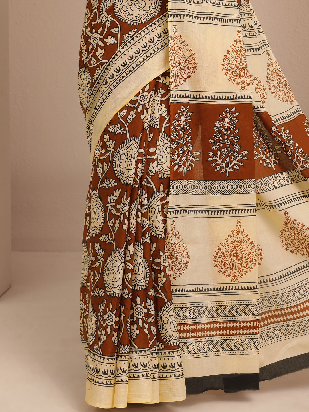 Brown Block Printed Cotton Saree With Unstitched Blouse Piece