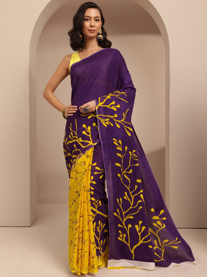 Purple Printed Cotton Saree With Unstitched Blouse Piece