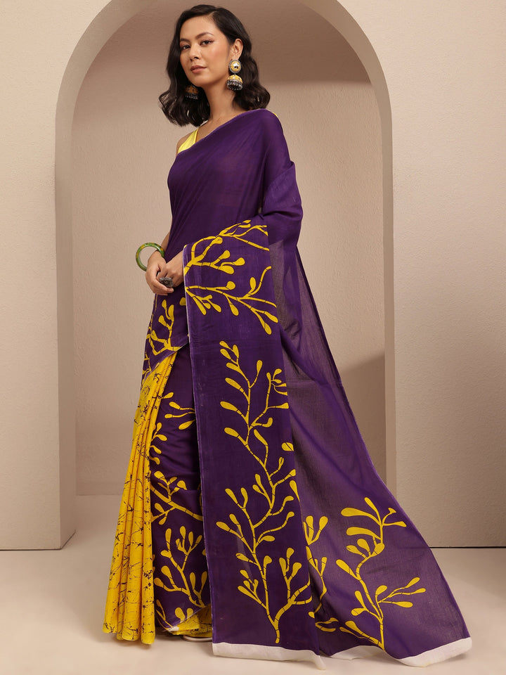 Purple Printed Cotton Saree With Unstitched Blouse Piece