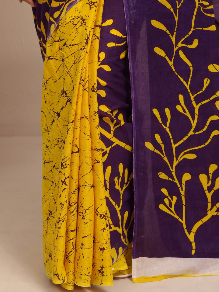 Purple Printed Cotton Saree With Unstitched Blouse Piece
