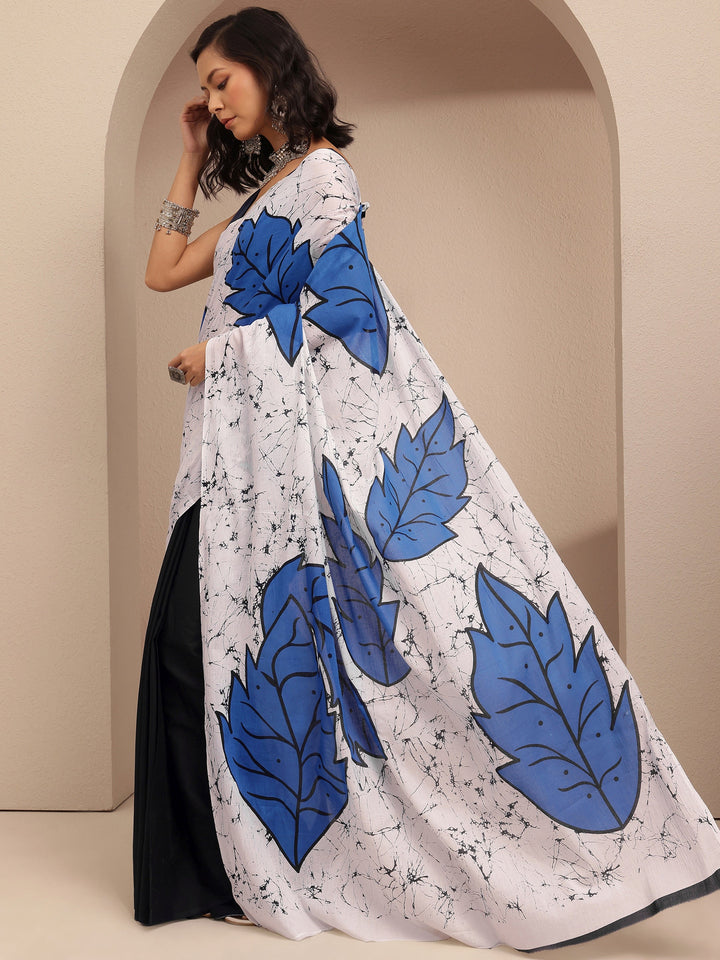 Blue Printed Cotton Saree With Unstitched Blouse Piece