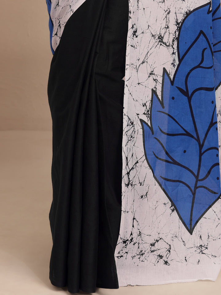 Blue Printed Cotton Saree With Unstitched Blouse Piece