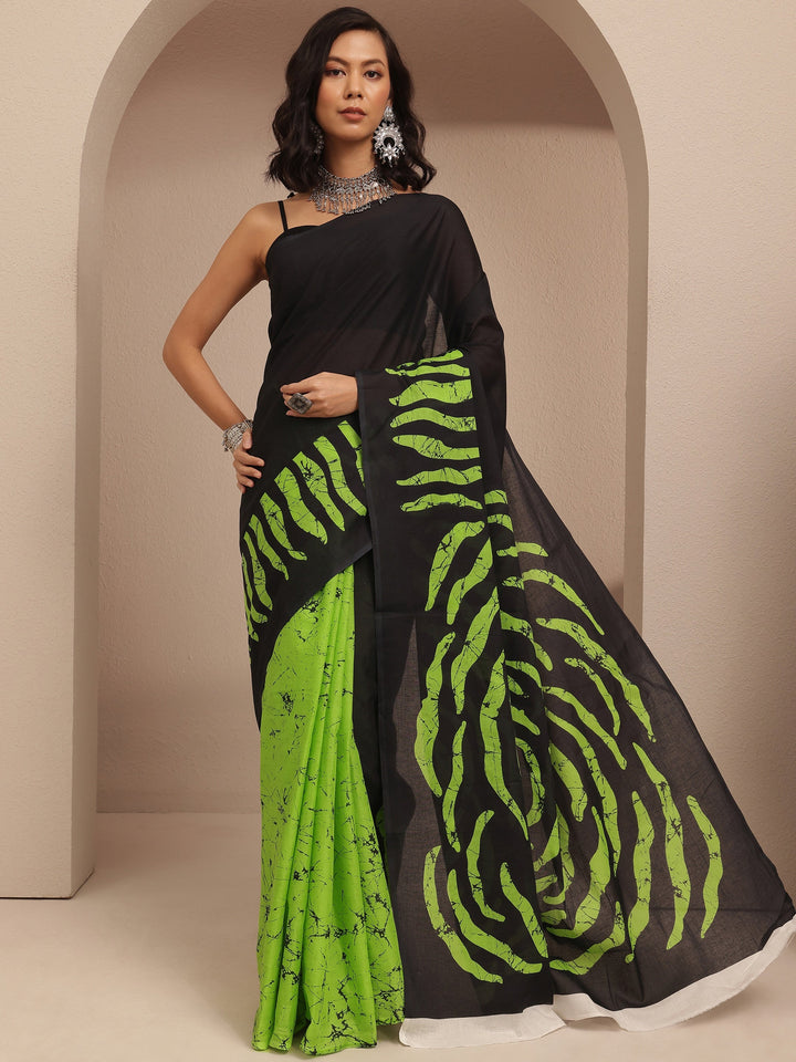 Black Abstract Printed Cotton Saree With Unstitched Blouse Piece