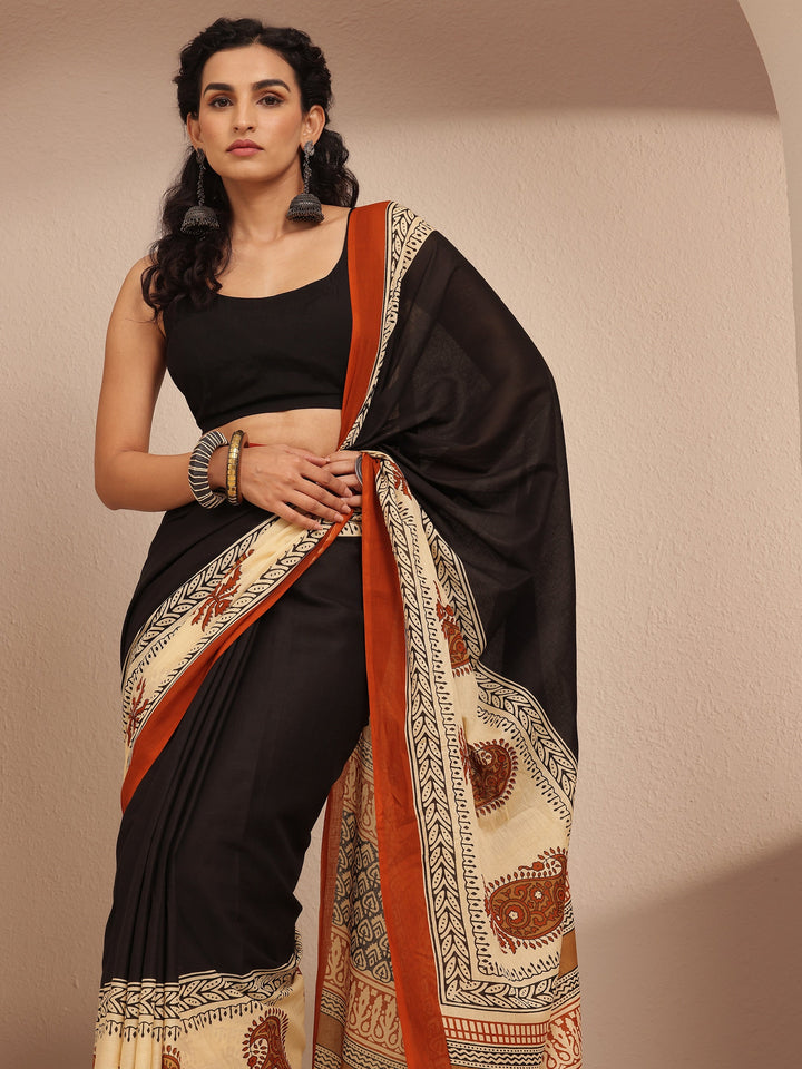 Black Printed Cotton Saree With Unstitched Blouse Piece