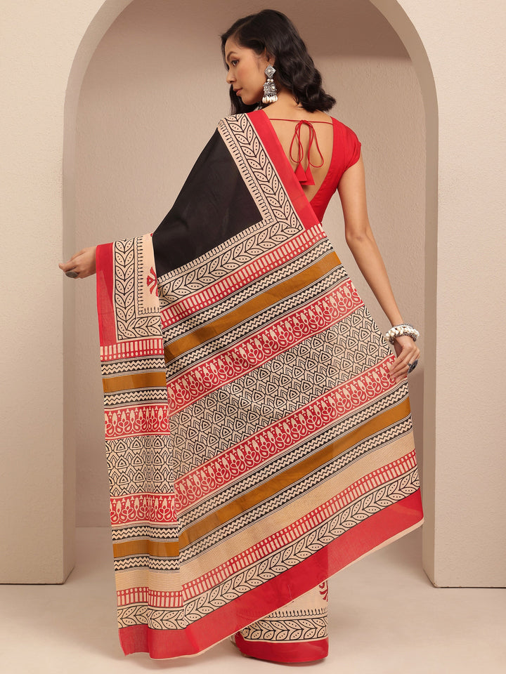 Black Block Printed Cotton Saree With Unstitched Blouse Piece