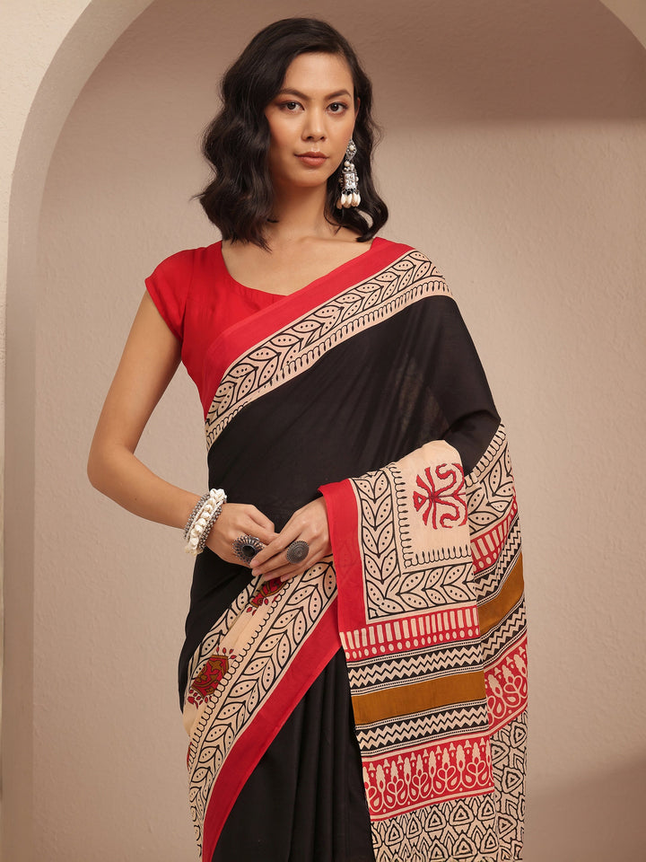 Black Block Printed Cotton Saree With Unstitched Blouse Piece
