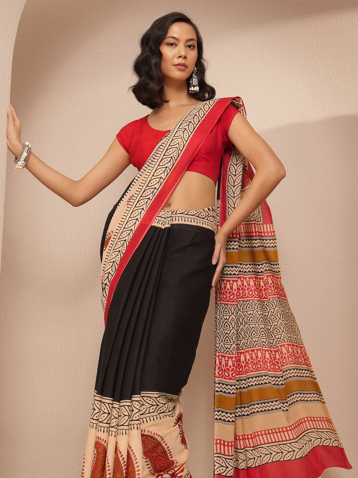 Black Block Printed Cotton Saree With Unstitched Blouse Piece