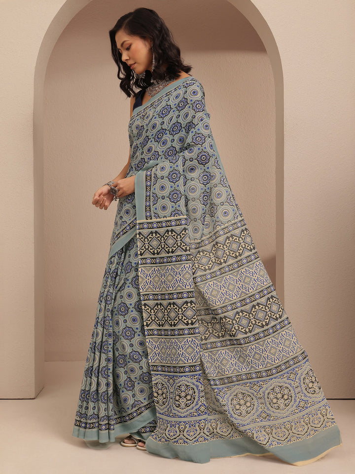 Blue Printed Cotton Saree With Unstitched Blouse Piece
