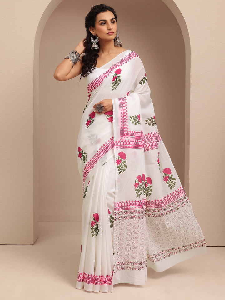 White Printed Cotton Saree With Unstitched Blouse Piece