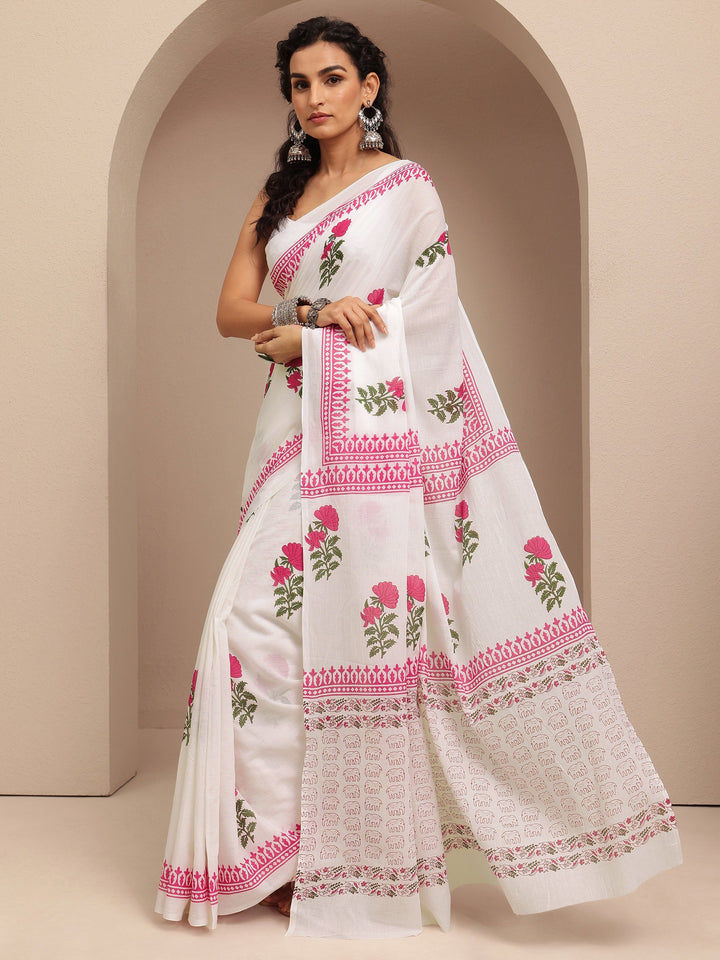 White Printed Cotton Saree With Unstitched Blouse Piece