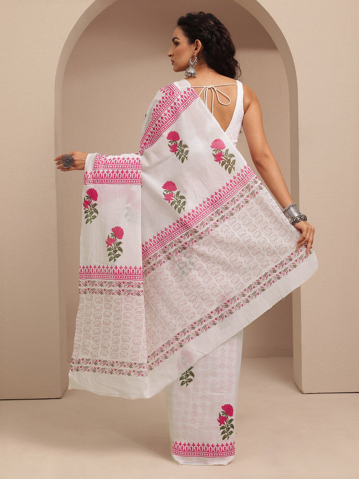 White Printed Cotton Saree With Unstitched Blouse Piece