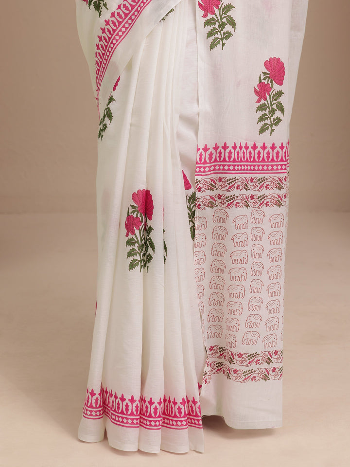 White Printed Cotton Saree With Unstitched Blouse Piece