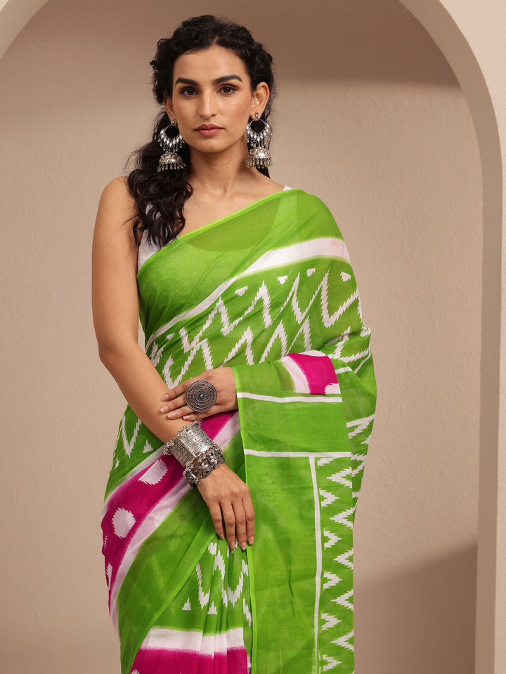 Green Ikat Printed Cotton Saree With Unstitched Blouse Piece