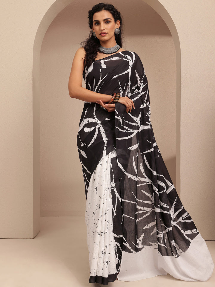 Black Printed Cotton Saree With Unstitched Blouse Piece