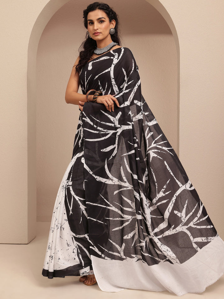 Black Printed Cotton Saree With Unstitched Blouse Piece