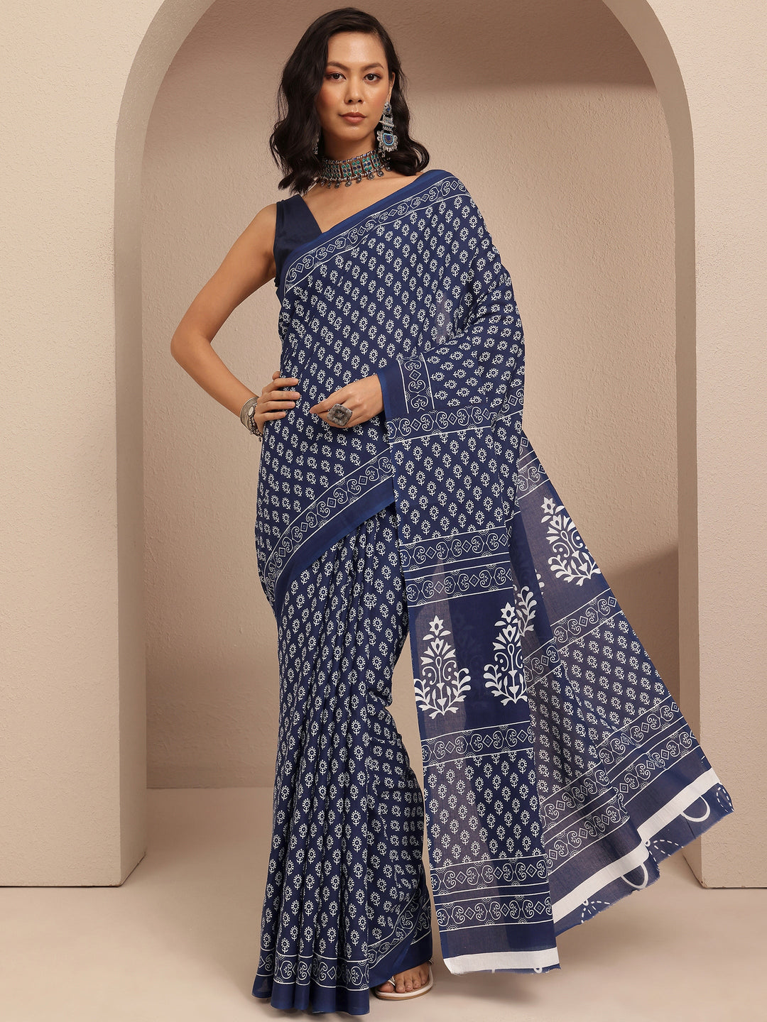 Navy Blue Block Printed Cotton Saree With Unstitched Blouse Piece