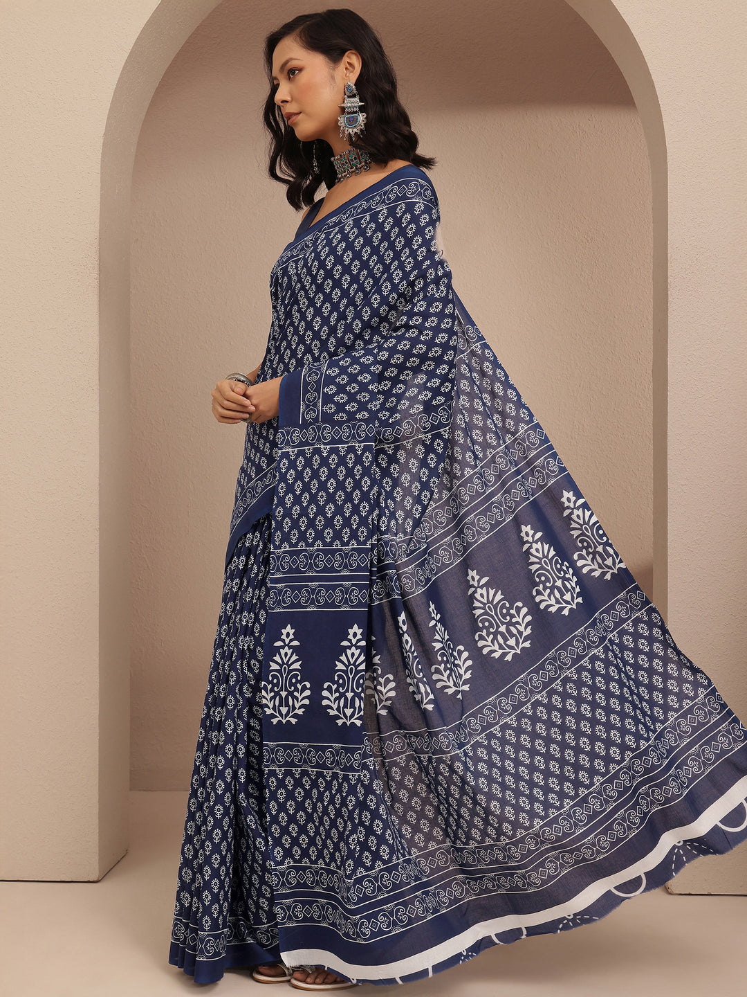 Navy Blue Block Printed Cotton Saree With Unstitched Blouse Piece