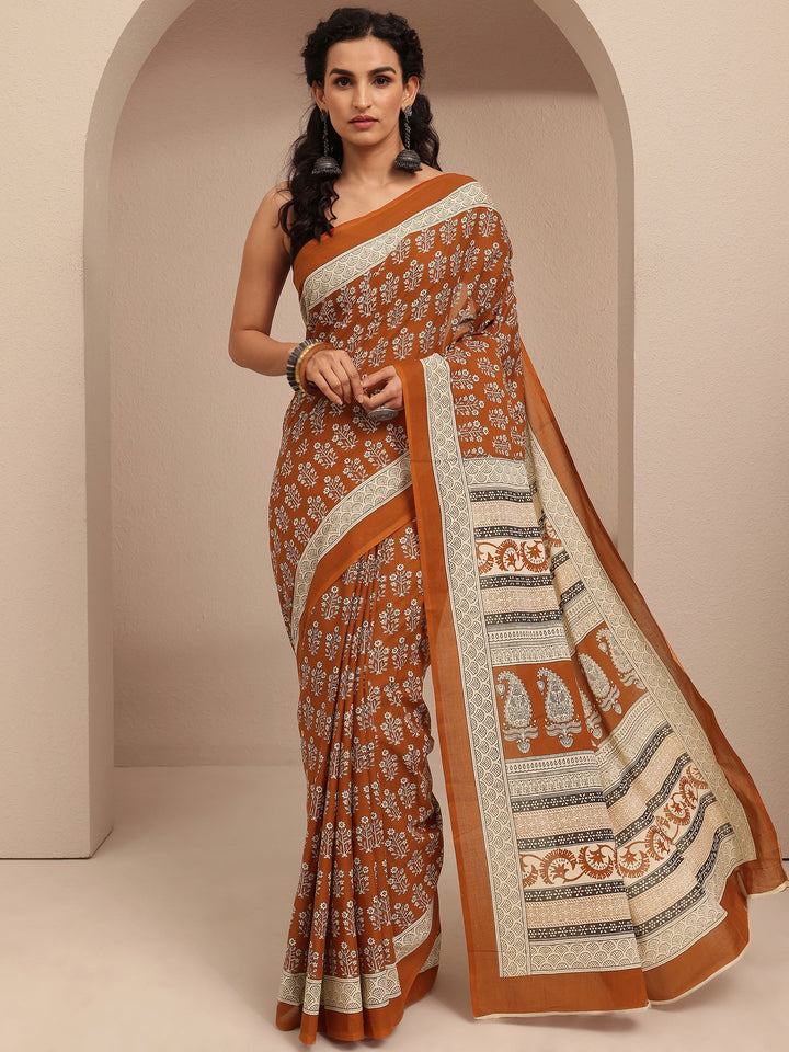 Brown Printed Cotton Saree With Unstitched Blouse Piece