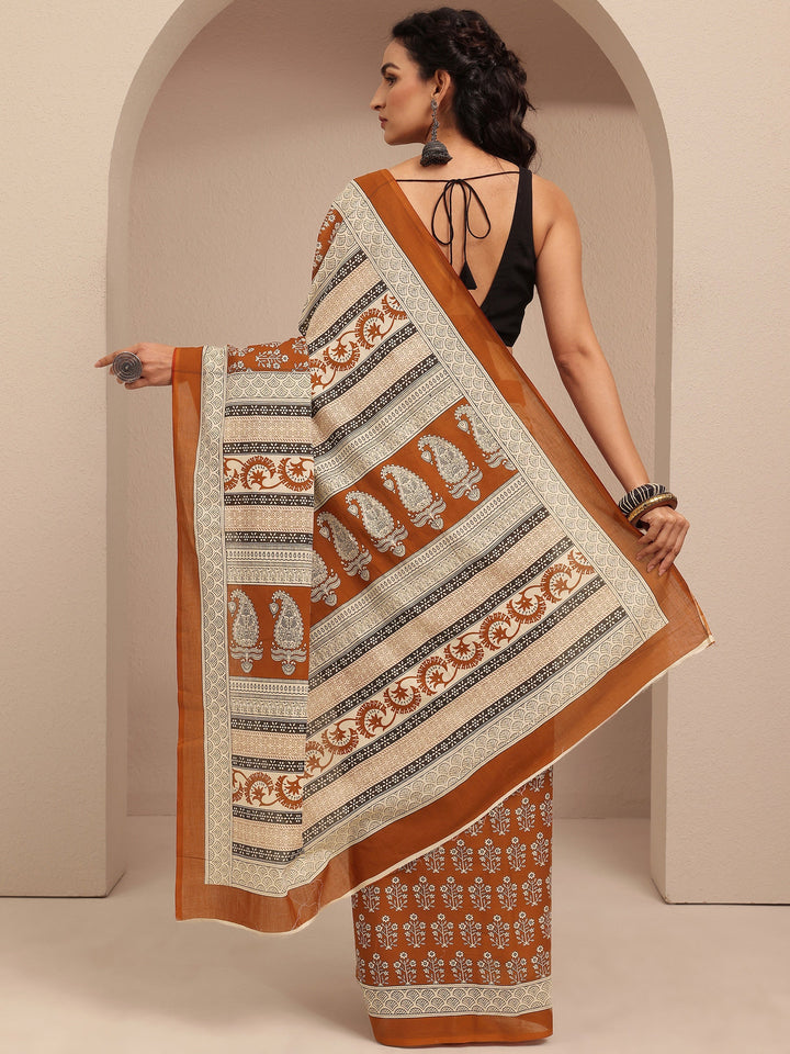 Brown Printed Cotton Saree With Unstitched Blouse Piece
