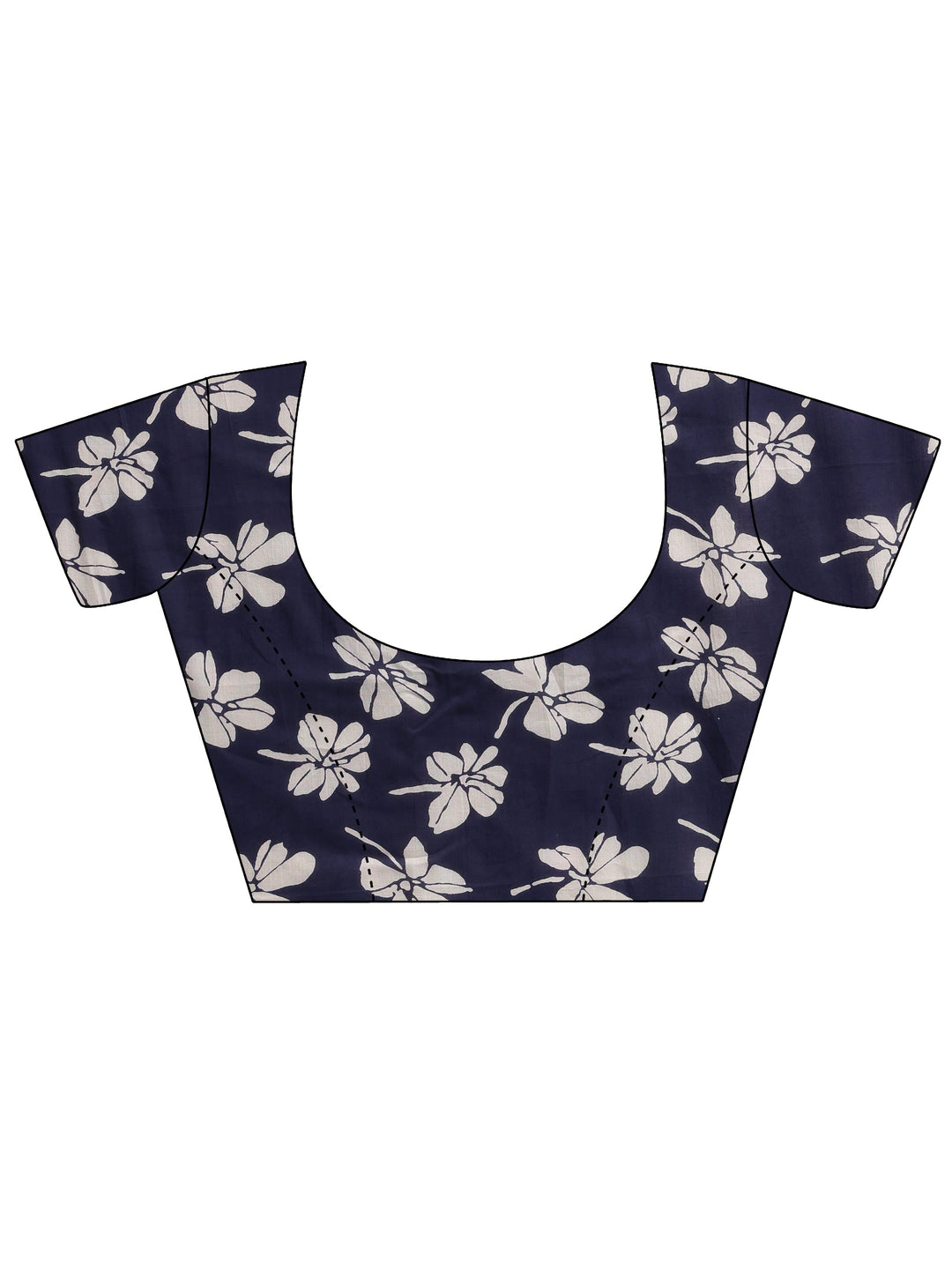 Navy Blue Block Printed Cotton Saree With Unstitched Blouse Piece