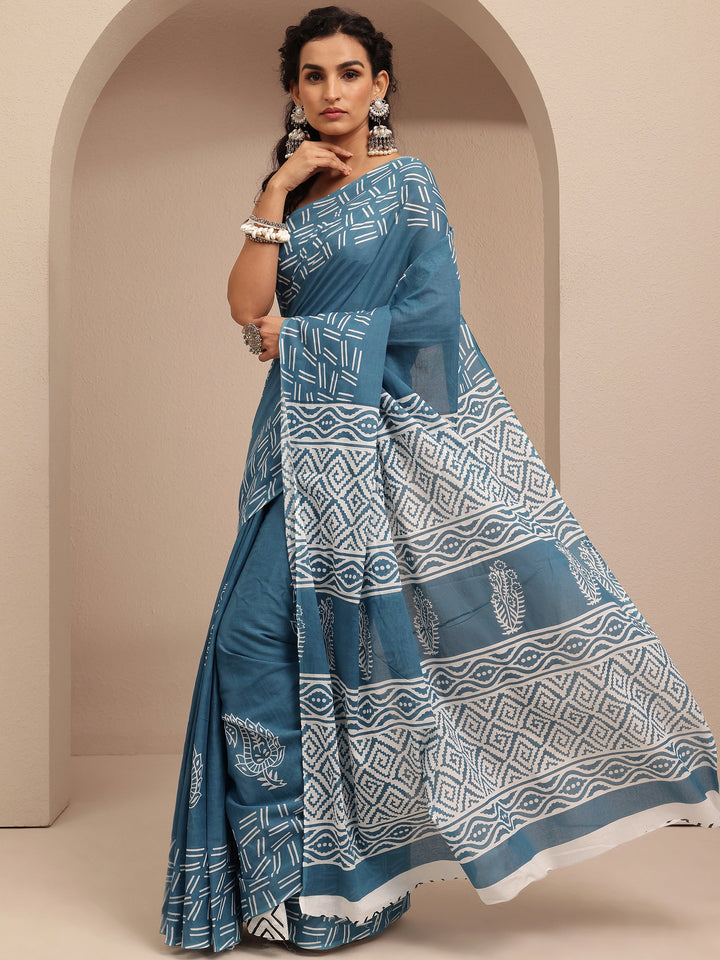 Teal Paisley Printed Cotton Saree With Unstitched Blouse Piece