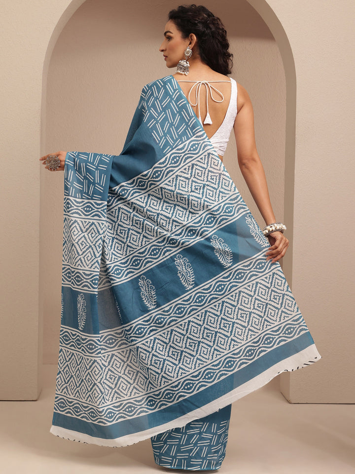 Teal Paisley Printed Cotton Saree With Unstitched Blouse Piece