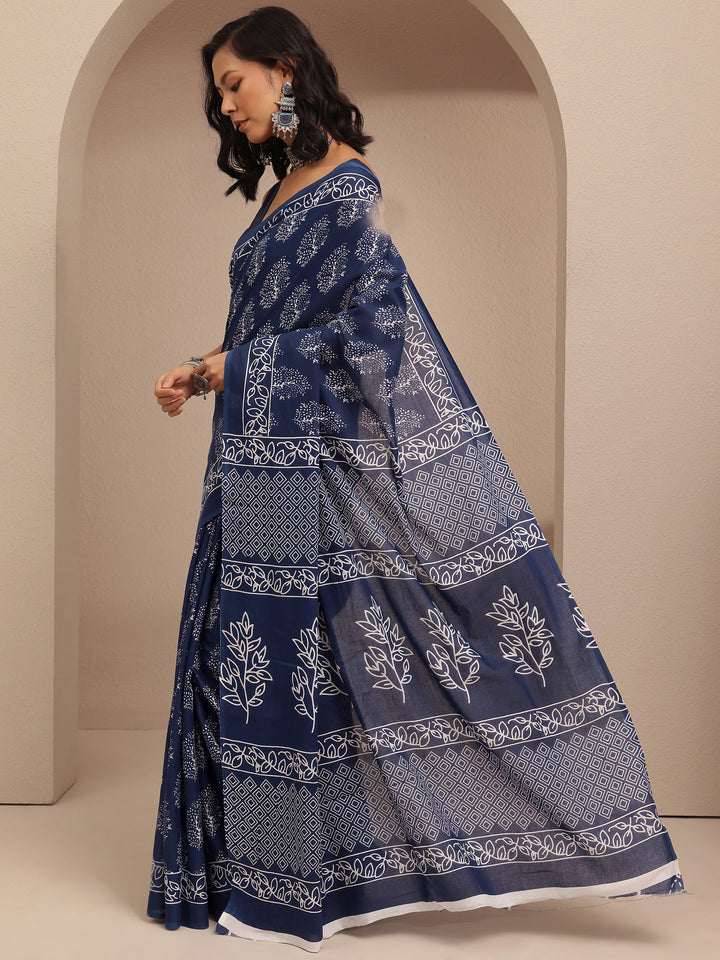 Libas Navy Blue Printed Cotton Saree With Unstitched Blouse Piece