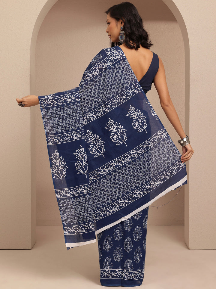 Navy Blue Printed Cotton Saree With Unstitched Blouse Piece