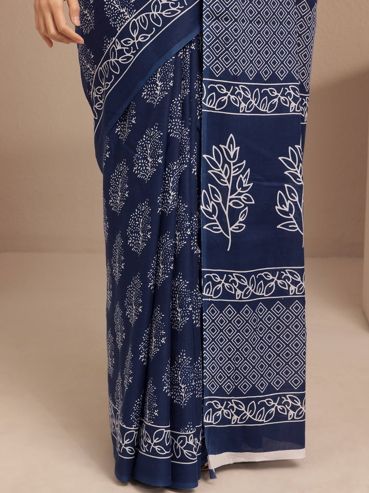 Libas Navy Blue Printed Cotton Saree With Unstitched Blouse Piece