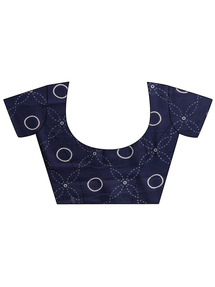 Navy Blue Printed Cotton Saree With Unstitched Blouse Piece