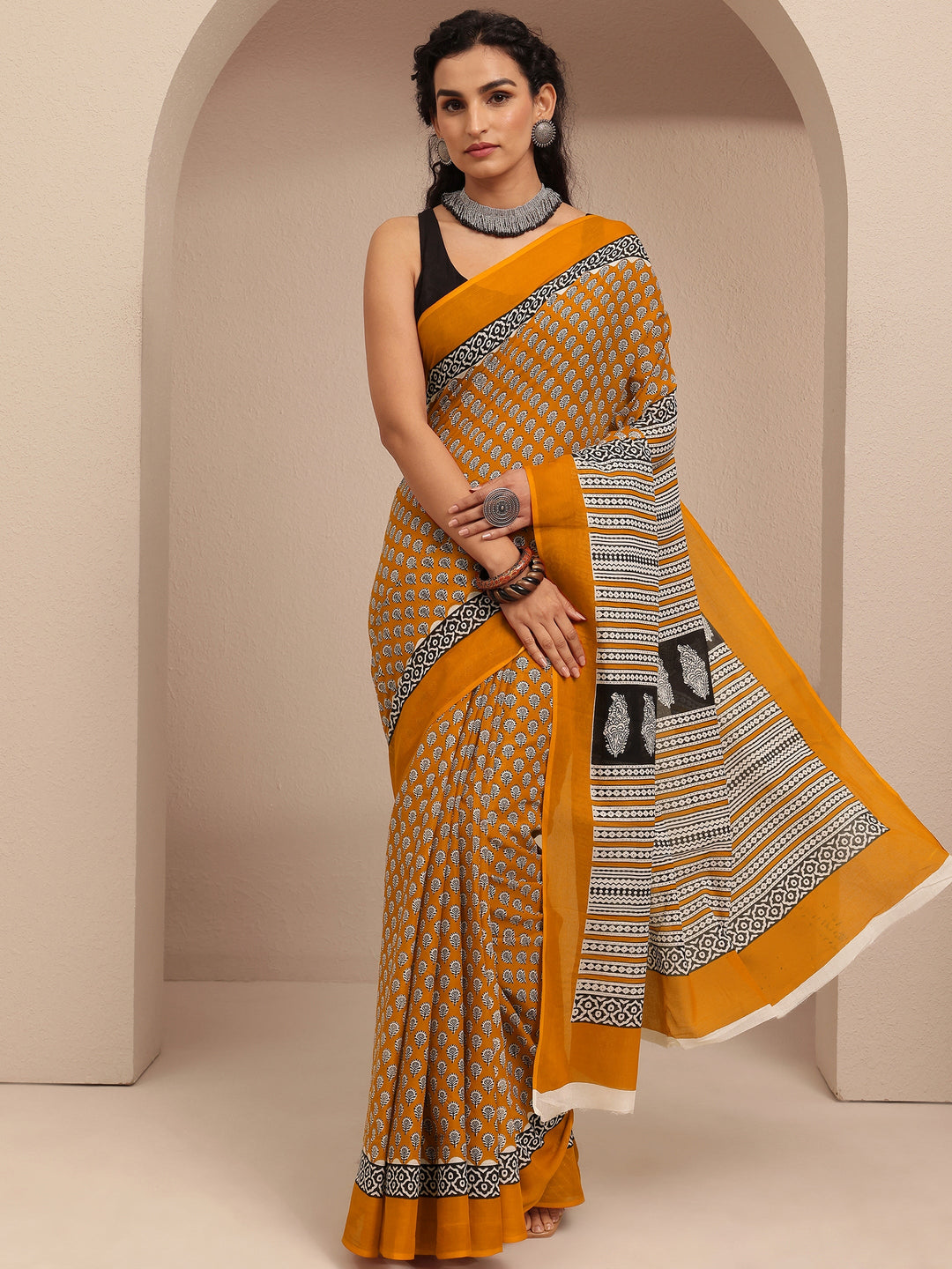 Mustard Block Printed Cotton Saree With Unstitched Blouse Piece