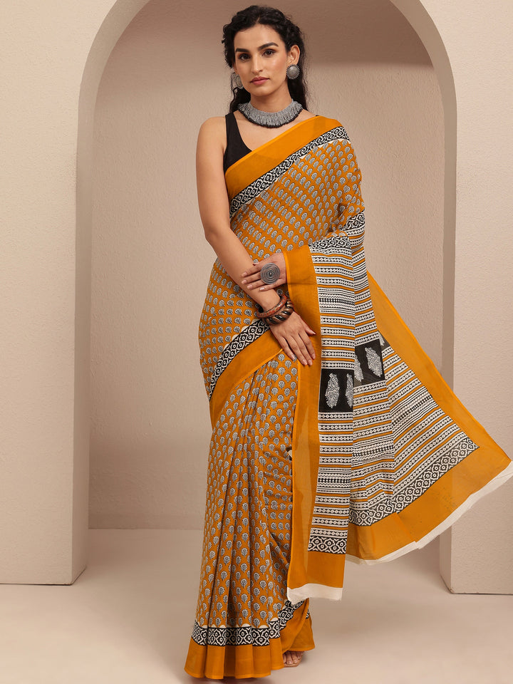 Mustard Block Printed Cotton Saree With Unstitched Blouse Piece
