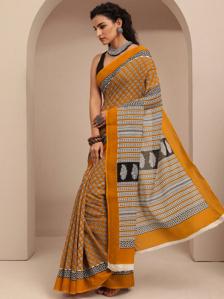 Mustard Block Printed Cotton Saree With Unstitched Blouse Piece