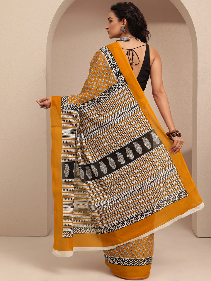 Mustard Block Printed Cotton Saree With Unstitched Blouse Piece
