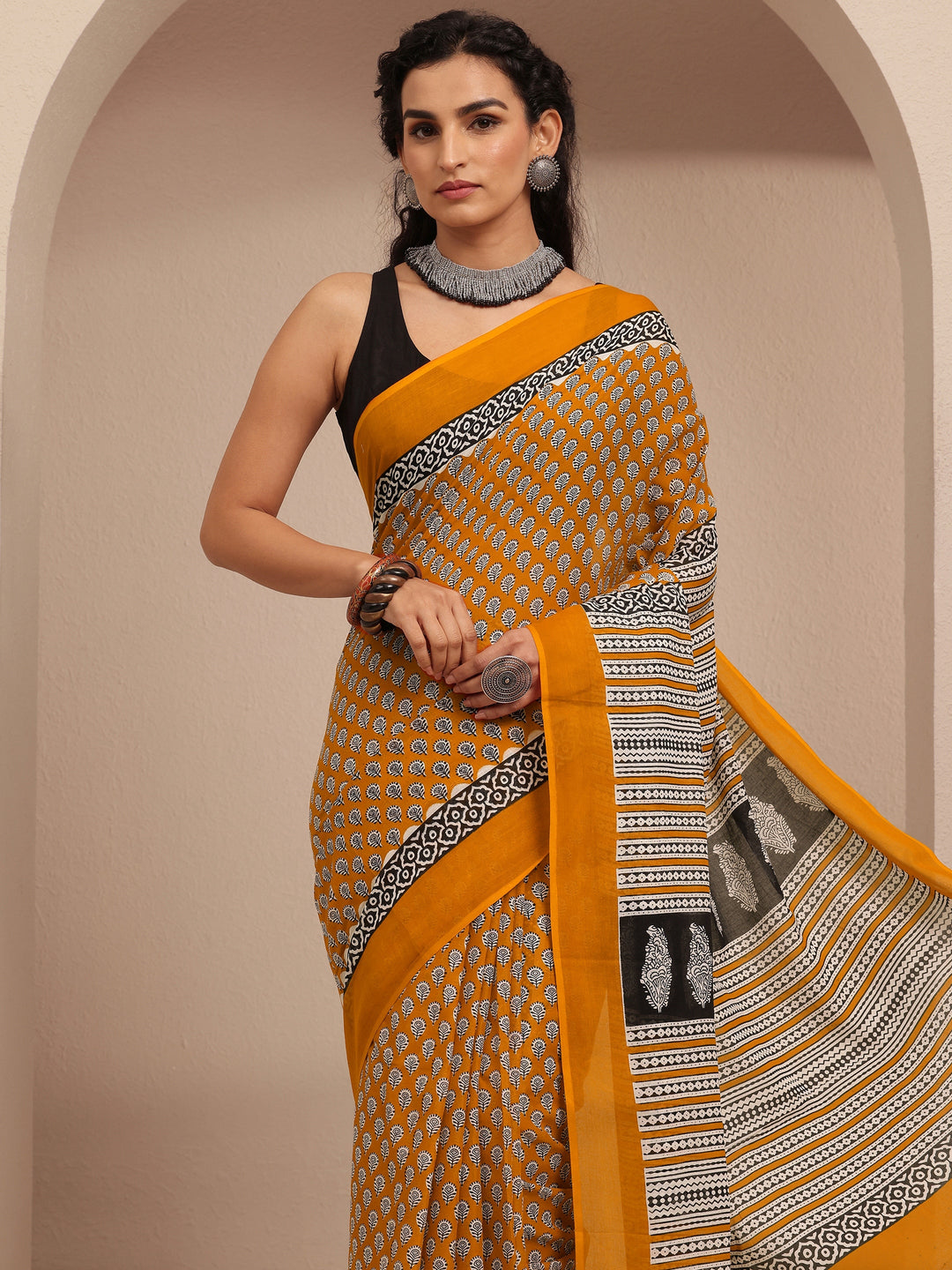 Mustard Block Printed Cotton Saree With Unstitched Blouse Piece