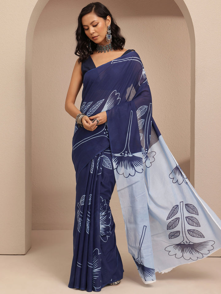 Navy Blue Printed Cotton Saree With Unstitched Blouse Piece