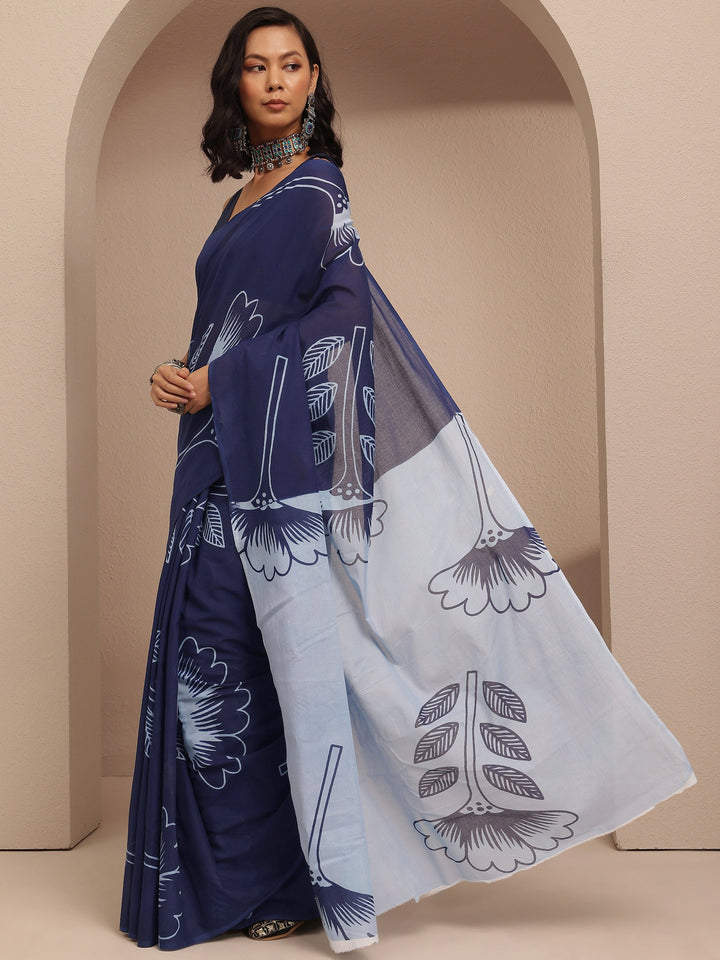 Navy Blue Printed Cotton Saree With Unstitched Blouse Piece