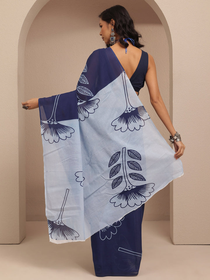 Navy Blue Printed Cotton Saree With Unstitched Blouse Piece