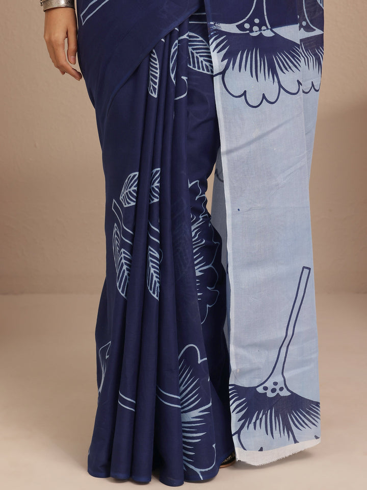 Navy Blue Printed Cotton Saree With Unstitched Blouse Piece